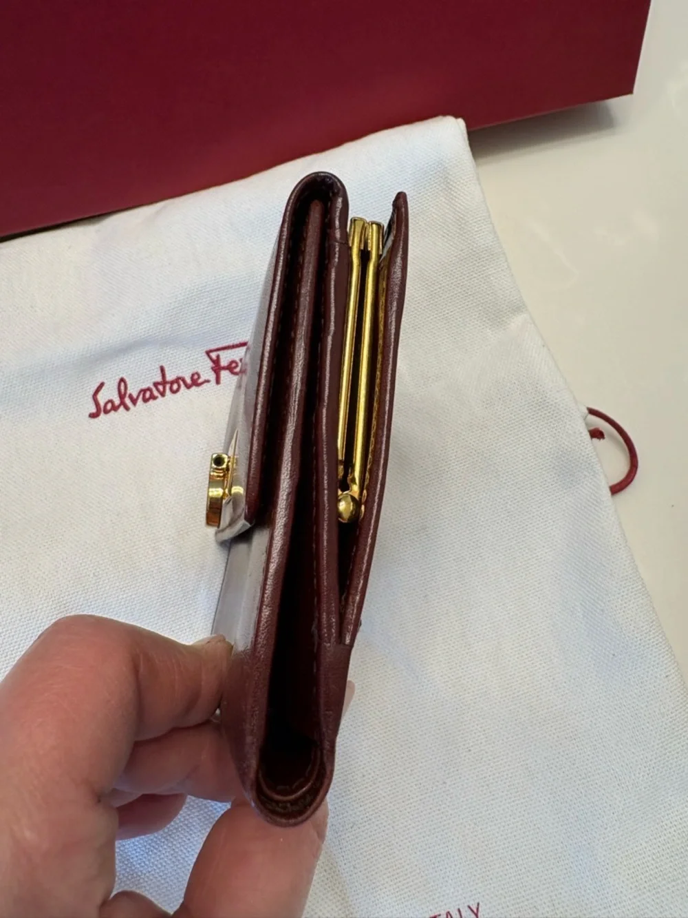 Salvatore Ferragamo Burgundy Leather Wallet Gold Hardware Luxury